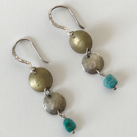Signed Silpada Sterling Silver Brass Drop Disk Brutalist Turquoise Earrings 925 - Picture 12 of 14